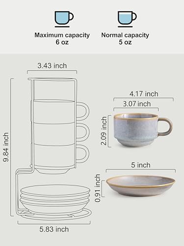 Gomakren 6oz Stackable Cappuccino Cups Set of 4 with Saucers & Stand,