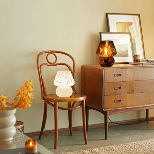ONEWISH Small Vintage Mushroom Table Lamp - Dimmable Black Glass Nightstand Light