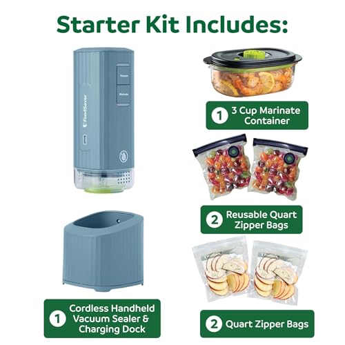 FoodSaver Mini Handheld Vacuum Sealer with Marinate Mode & Blue Charging Dock
