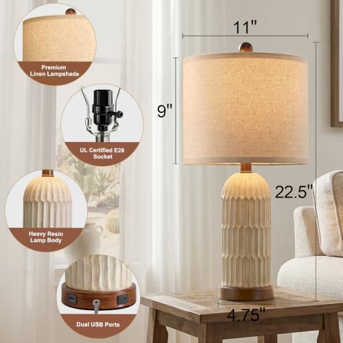 OYEARS 22-inch Farmhouse Bedside Table Lamps Set of 2 with USB A+C - Yellowish & Brown Variation