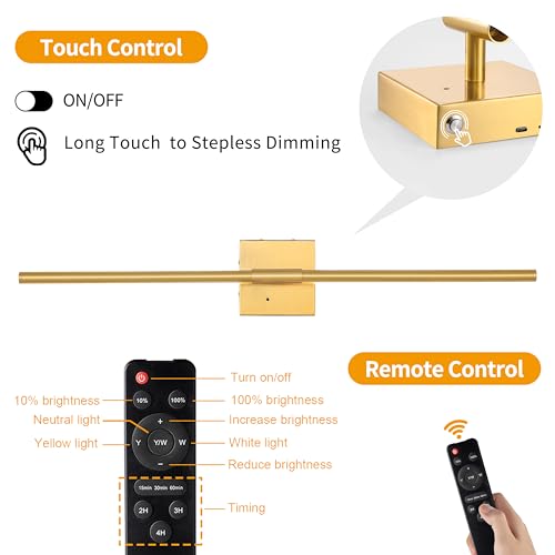 Electroplated Gold Battery Operated Wall Sconce Set of 2 - 24 Inch with Remote - Modern, Dimmable, Adjustable Lighting