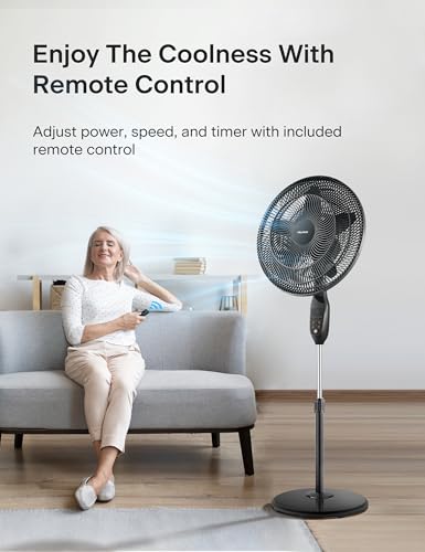 Pelonis 18-Inch Remote Control Pedestal Fan with 5 Blades, Adjustable Height & Oscillation, Black - Model RC18B