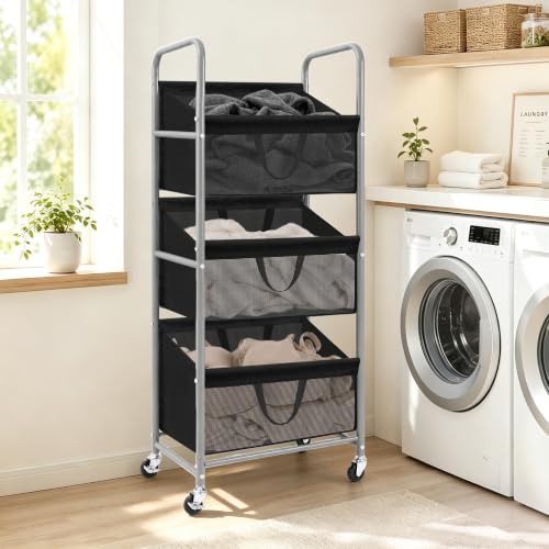 Black Mesh 3-Tier Vertical Laundry Hamper with Removable Bags, Rolling & Lockable Wheels