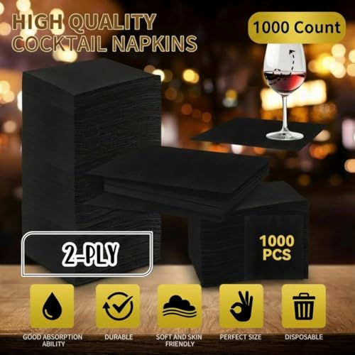 Black Cocktail Napkins 1000 Pack - 2-Ply Square Disposable Bamboo Party Napkins