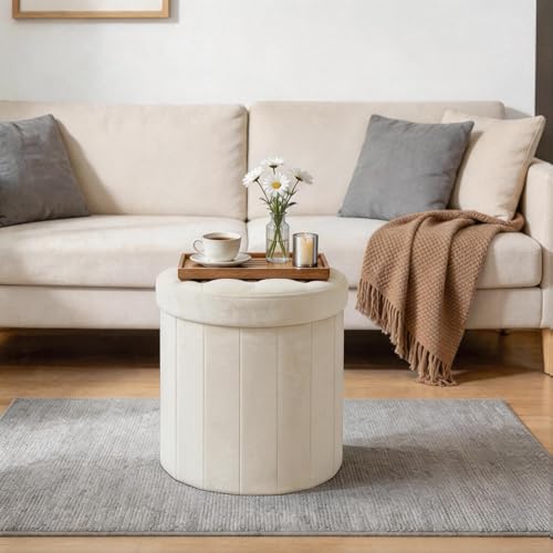 Beige Velvet Storage Ottoman with Hidden Storage - Foldable Vanity Stool