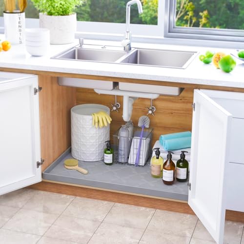 SIKADEER Gray Waterproof Under Sink Mat 37x22 Inches Silicone Cabinet Protector