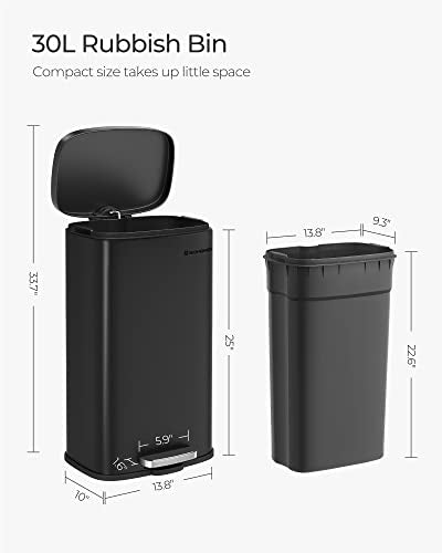 SONGMICS Black 8 Gallon Stainless Steel Step-On Trash Can | Modern Slim Design