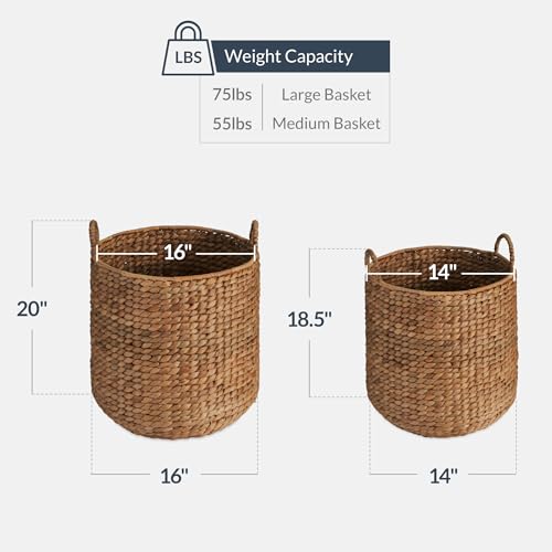 Water Hyacinth Basket Set - 2-Piece Nesting Storage Bins with Handles, Chestnut
