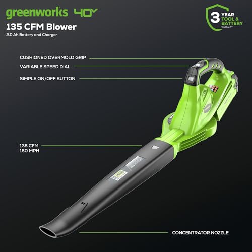 Cordless Leaf Blower Sweeper 40V with 2.0Ah Battery & Charger - Variable Speed