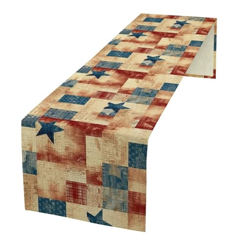 JanJCurt 13x70 inch 4th of July Table Runner Red White Blue Stars Rustic Farmhouse Decor