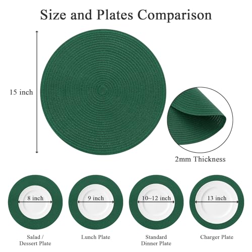 SHACOS Dark Green Round Placemats Set of 6 15 Inch Cotton Polyester Table Mats
