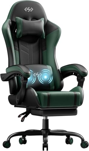 Gaming Chair with USB Massage Lumbar Support - Black & Green High Back Ergonomic Seat