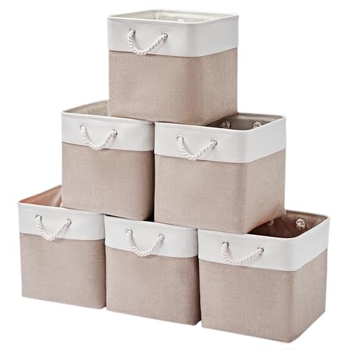 ISEMINGLA White & Beige 13 Inch Cube Storage Bins Set of 6 – Foldable Organizer Boxes for Clothes, Toys, Books