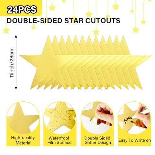 24PCS Gold Star Cutouts, 11 Inch Large Double Printed Paper Stars Cutouts, Cardboard Star Cutouts, Glitter Stars Decorations for Classroom Wall Movie Night Bulletin Board Party Supply