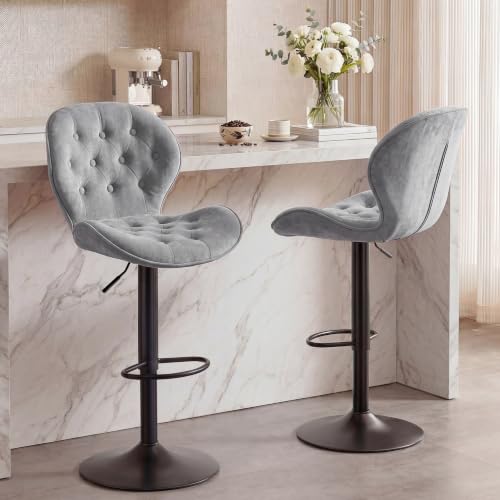 Grey Set of 2 Adjustable Swivel Bar Stools with Backrest - Modern Chenille Fabric