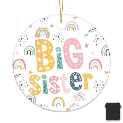 Syhood Christmas Big Sister Ornament New Big Sister Gift Christmas Tree Decorations Round Ceramic Ornament with Black Velvet Bag Xmas Gift(Rainbow)