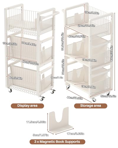 UMDONX Heavy Duty Double-Sided Book Cart - White, 3 Shelves, Supports 50kg