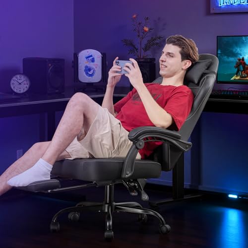 GTPLAYER Gaming Chair with Footrest - Black Dark Black Recliner Ergonomic High Back