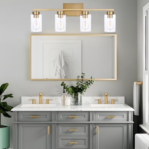 4-Light Bathroom Vanity Light Fixtures - Brushed Brass Wall Sconces with Clear Glass Shades - Gold, 4 Lights - Variation of THIS listing