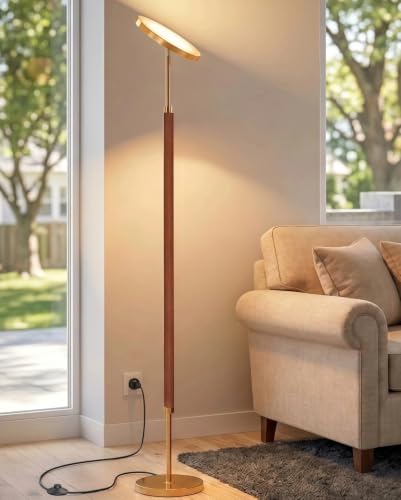 Walnut Wood & Brushed Brass LED Torchiere Floor Lamp with Remote Dimmable 3000LM