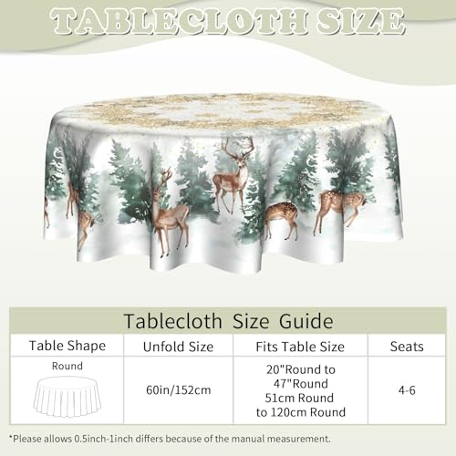 Imiss Winter Wonderland Reindeer Round Tablecloth 60in - Snowflake Pine Tree Christmas