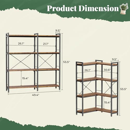 Huuger 4 Tier L-Shaped Corner Bookshelf - Rustic Brown, 8 Shelves, Metal Frame