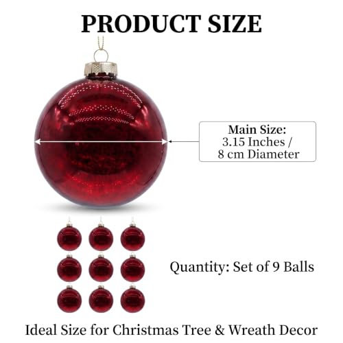 CRPQX Burgundy Mercury Glass Christmas Ornaments Set of 9 - Vintage Wine Red Hanging Baubles