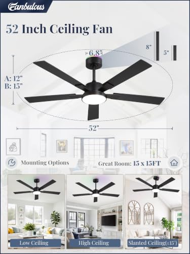 Black 52-Inch Smart Ceiling Fan with Light Remote Alexa Compatible