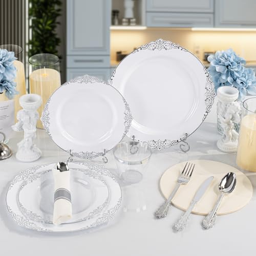 Silver Plastic Dinnerware Set for 50 Guests - Elegant Disposable Plates & Cutlery