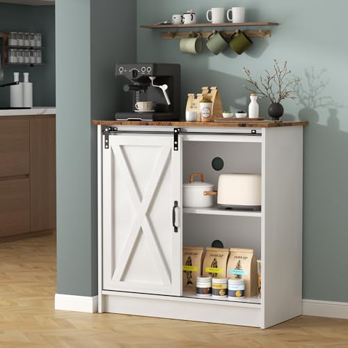 White Farmhouse Coffee Bar Cabinet with Sliding Barn Door and Storage