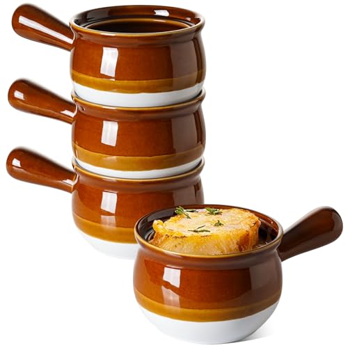 22 Ounce Ceramic Soup Bowls with Handles - Set of 4 French Onion & Soup Crocks, Oven Safe & Stackable