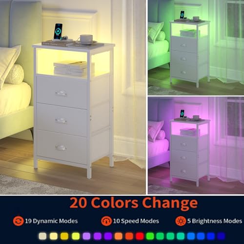 Sthmec White Nightstand with Charging Station, 3 Drawers & LED RGB Light