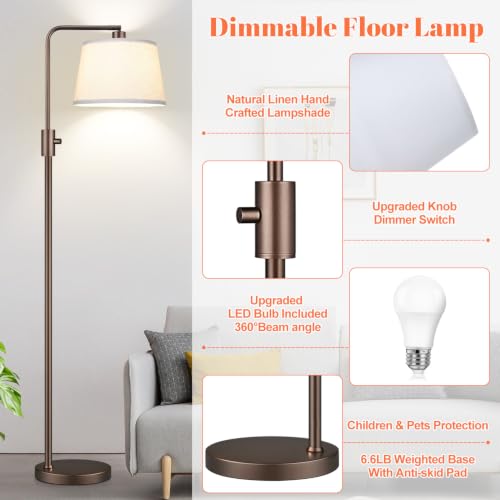 Dimmable Floor Lamp with Brown Linen Shade - Modern Arc Standing Light, 1000 Lumens LED Included