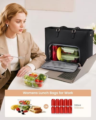 LOVEVOOK 15.6-Inch Black 3-in-1 Lunch Tote & Laptop Bag with Insulated Compartment
