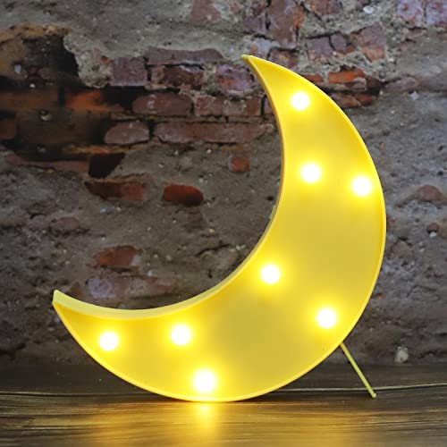 LED Moon Shaped Marquee Signs, Light Up Night Lights Battery Operated Crescent Moon Lamp for Bedroom, Christmas, Birthday Party Decor - Yellow