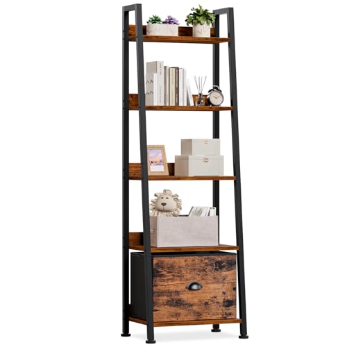 Furologee Rustic Brown 5-Tier Ladder Shelf with Fabric Drawer - Space-Saving Storage
