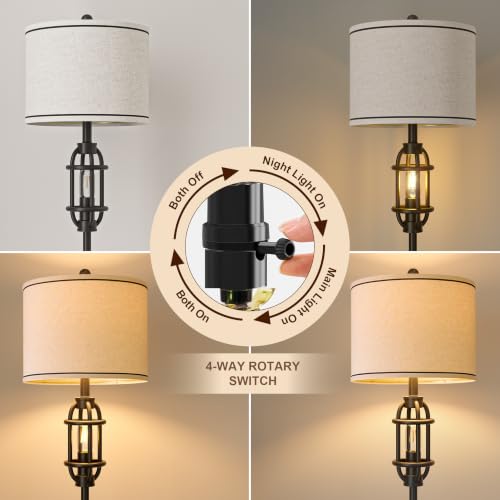 G-SAFAVA 62.5-Inch Industrial Black Floor Lamp with Linen Shade - Tall Standing Living Room Lamp with Dual Rotary Switch