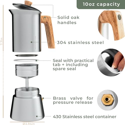 Stainless Steel 10oz Moka Pot with Oak Wood Handle - Italian Espresso Maker for Stovetop & Induction - Toxic-Free Coffee Brewer