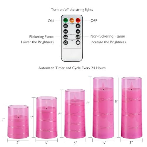 Pink Flickering Flameless Candles with Remote Control - D3" x H4" (Set of 5)
