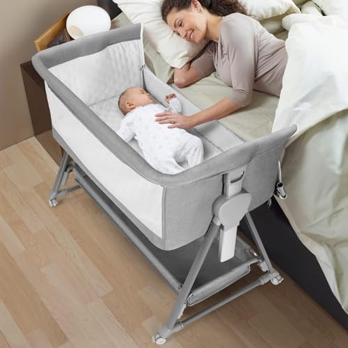 Cowiewie Pyramid Light Gray Baby Bedside Bassinet with 7-Position Height & Storage