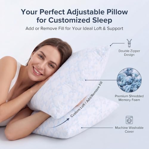 Meoflaw Queen Size Adjustable Memory Foam Pillow Set of 2 - Removable Washable Cover, Medium Firm for Back Side & Stomach Sleepers