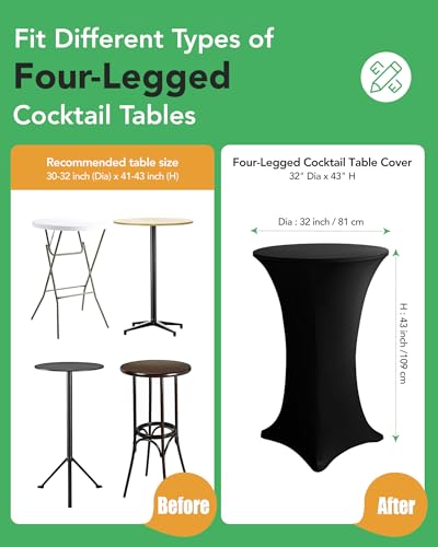 KeyWave Spandex Cocktail Table Covers, 32x43 Inch, Black, 8 Pack