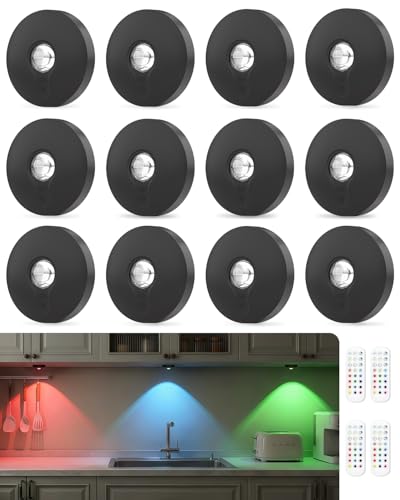 Rechargeable RGB LED Puck Lights with Remote Control, Dimmer & Timer - Black, 12 Pack, Color Temp Options