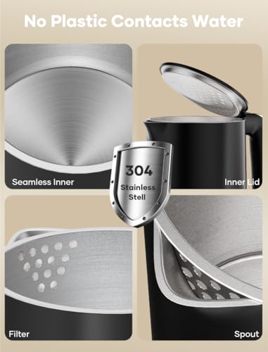 Yoochu Black Double Wall 1.7L Electric Kettle 1500W Safe Touch Water Boiler