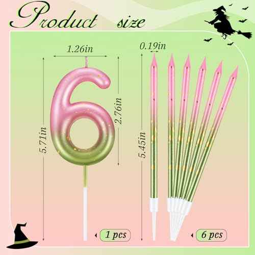 MTLEE Number 6 Pink and Green Birthday Candle with 6 Pcs Spiral Candles 5.12 Inch Pastel Cake Topper for Girls Witch Theme Party Decoration