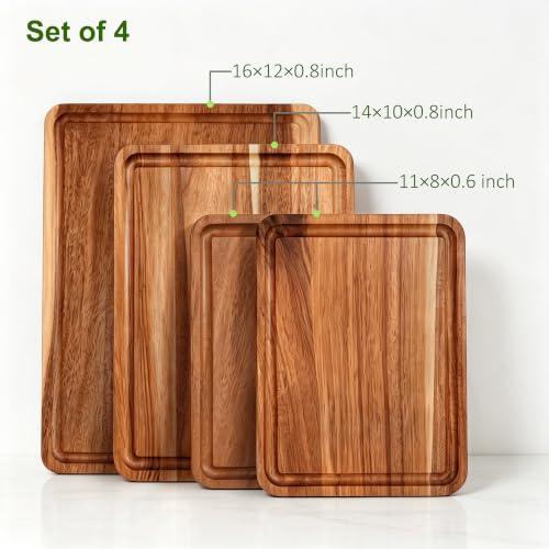 Acacia Wood Chopping Board Set of 4 - Large 16x12 Inch - Reversible & Juice Groove