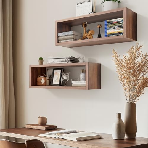 Floating Cube Shelves Set of 2 - Dark Walnut Rectangle Wall Mount Storage
