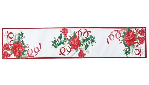 Home Bargains Plus Christmas Poinsettia Ribbon Fabric Table Runner 70" x 13" Holiday Tassels