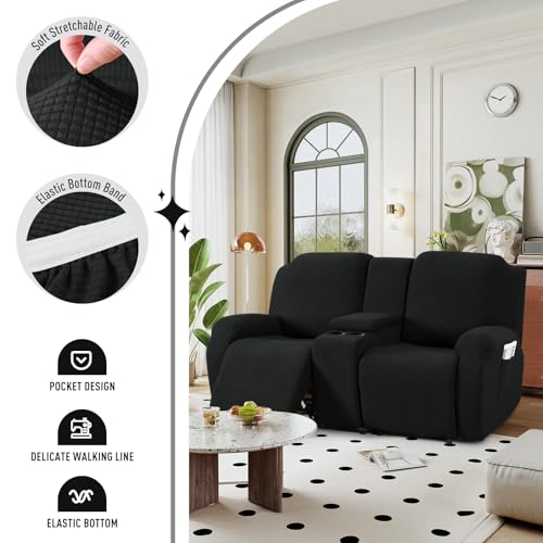 Stretch Loveseat Recliner Cover with Middle Console - Black, 2 Seat
