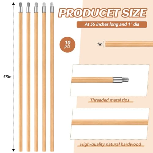 10 Pack 55 Inch Lacquered Wooden Broom Handles with Threaded Tips - Bulk Set